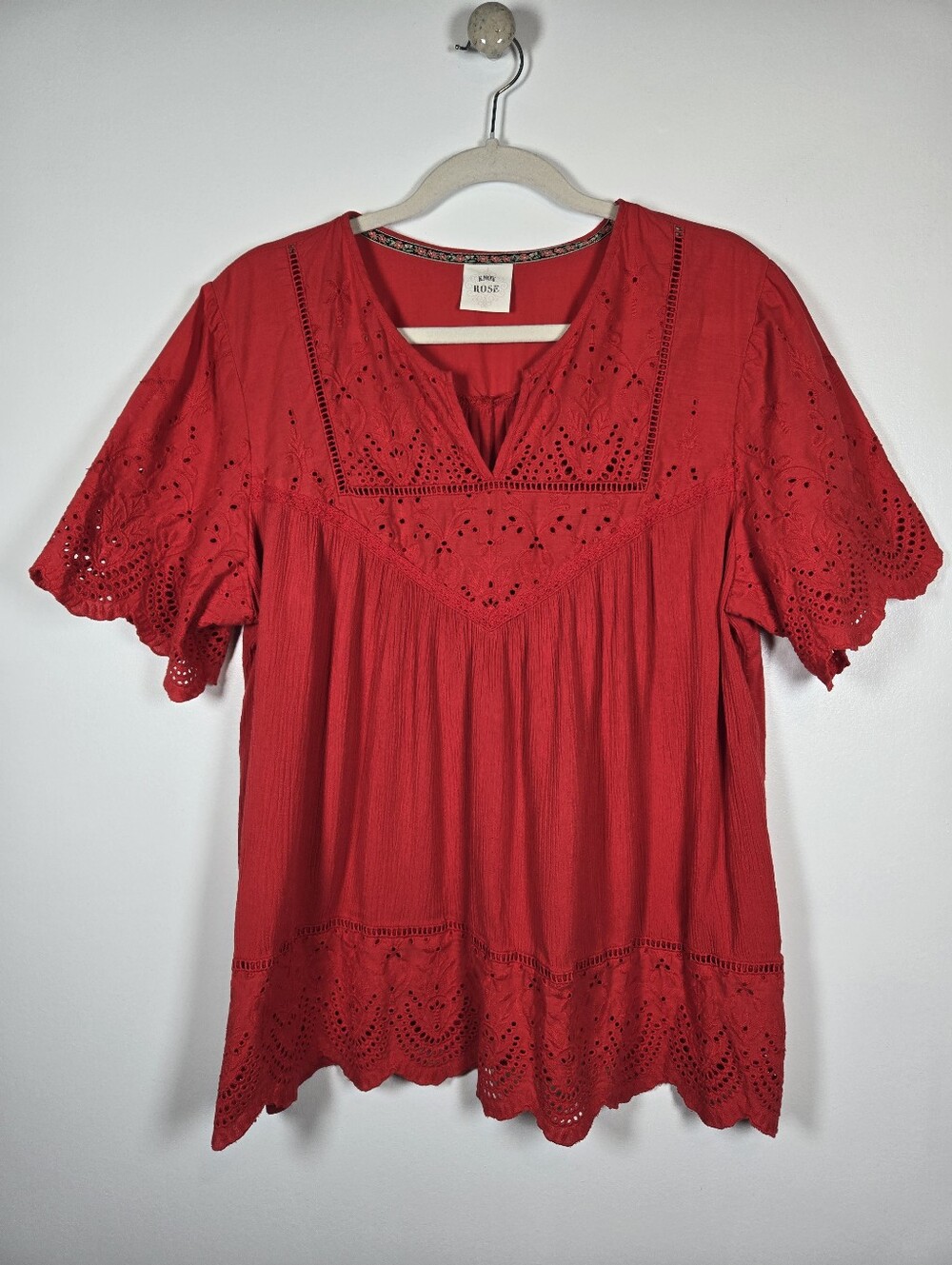 Knox Rose Red V-Neck Eyelet Mixed Media Boho Prairie Peasant Top Size XL - Picture 2 of 11
